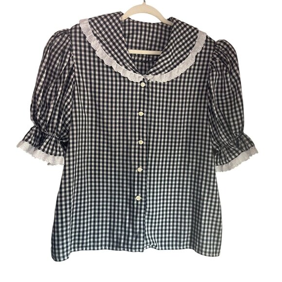VTG Handmade 1X Button Shirt Black White Gingham Puff Sl Cottage Rockabilly - Picture 8 of 13